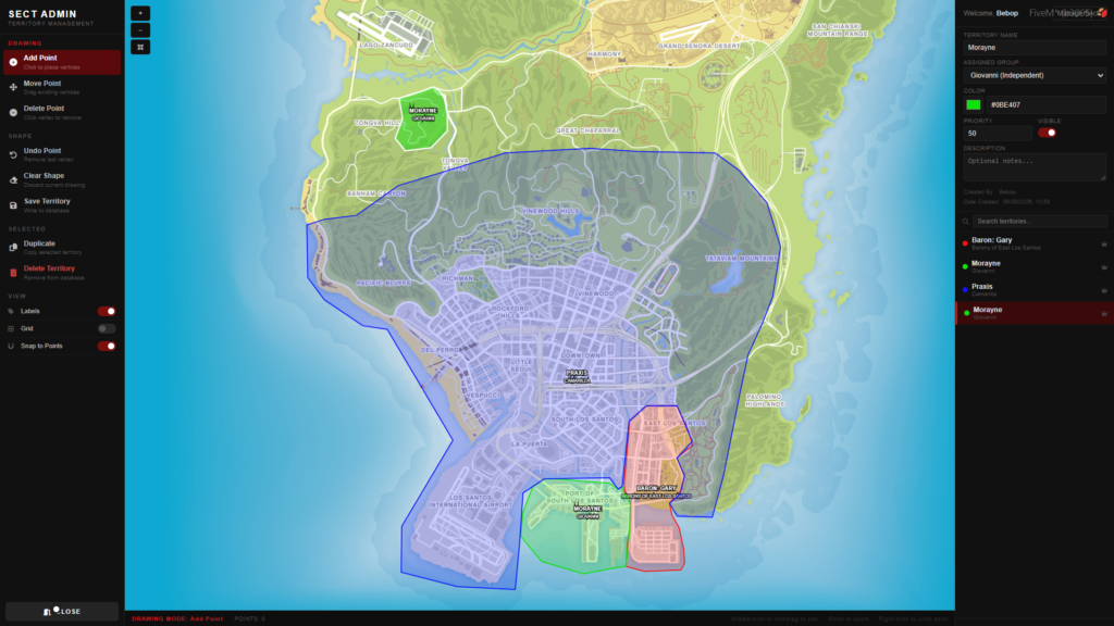 Territory map created for a personal game project, showing sect-controlled regions across Los Santos.